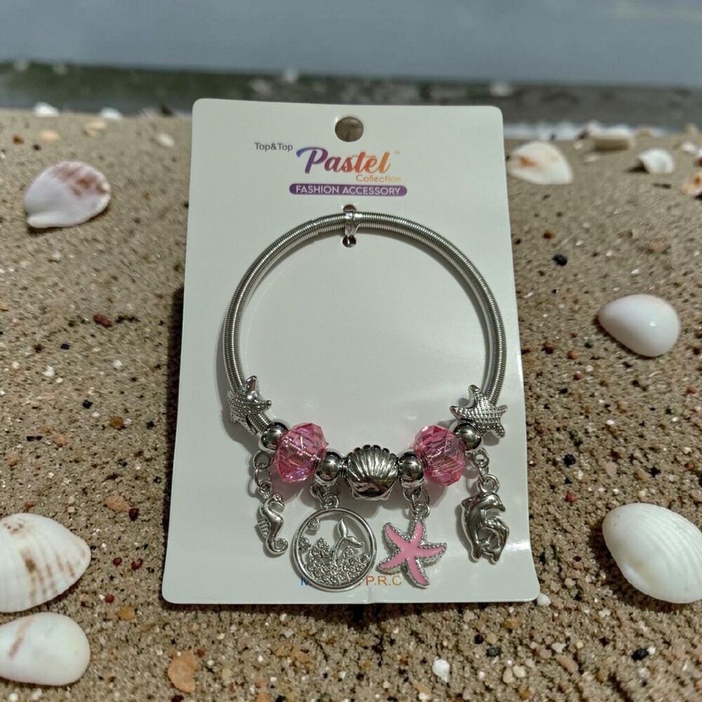 Pink Ocean Charm Bracelet, Mermaid Tail Bracelet, Dolphin Beach Jewelry